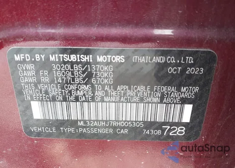 2024 Mitsubishi Mirage Es z USA, uszkodzony, nr VIN ML32AUHJ7RH005305